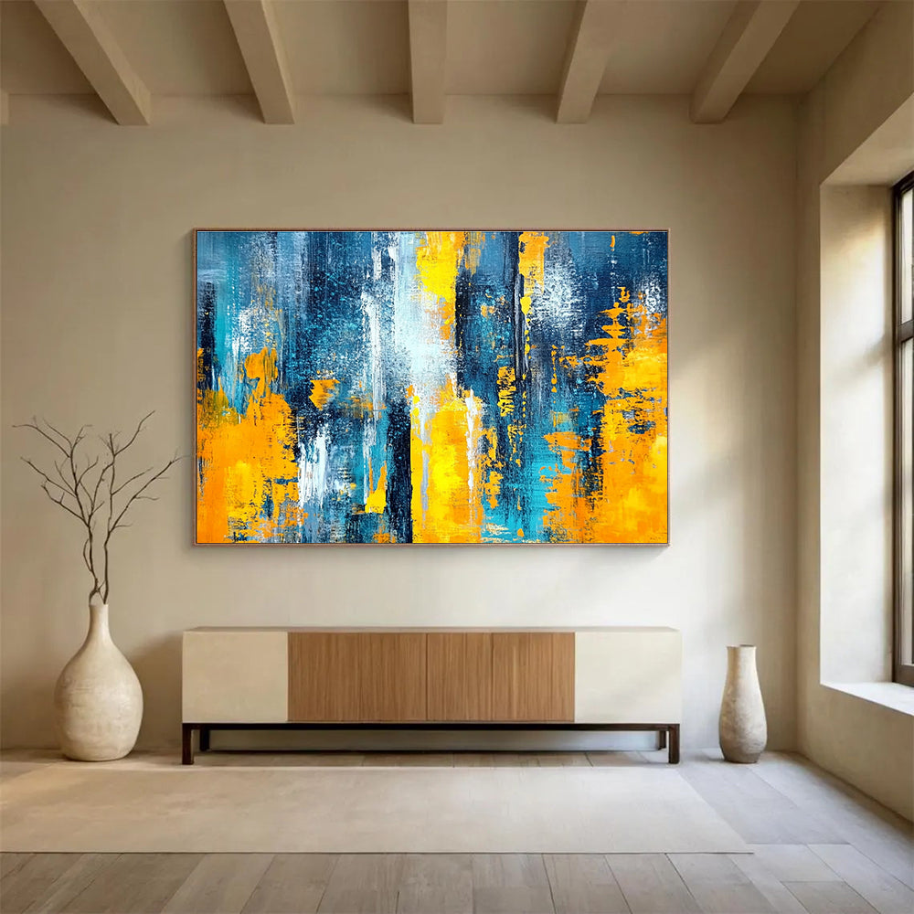 Cool Abstract Paintings Teal, Yellow, Orange & White Dynamic Abstract Painting HPS266
