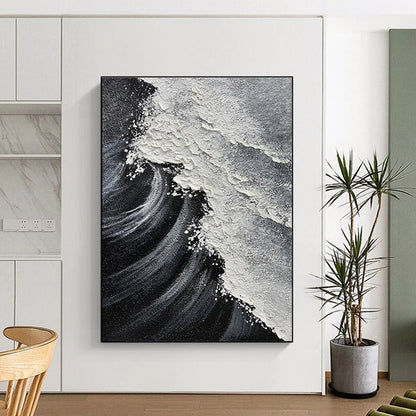 Hand-Painted Black & White Textured Wave Abstract, Acrylic Modern Art Painting DPS506
