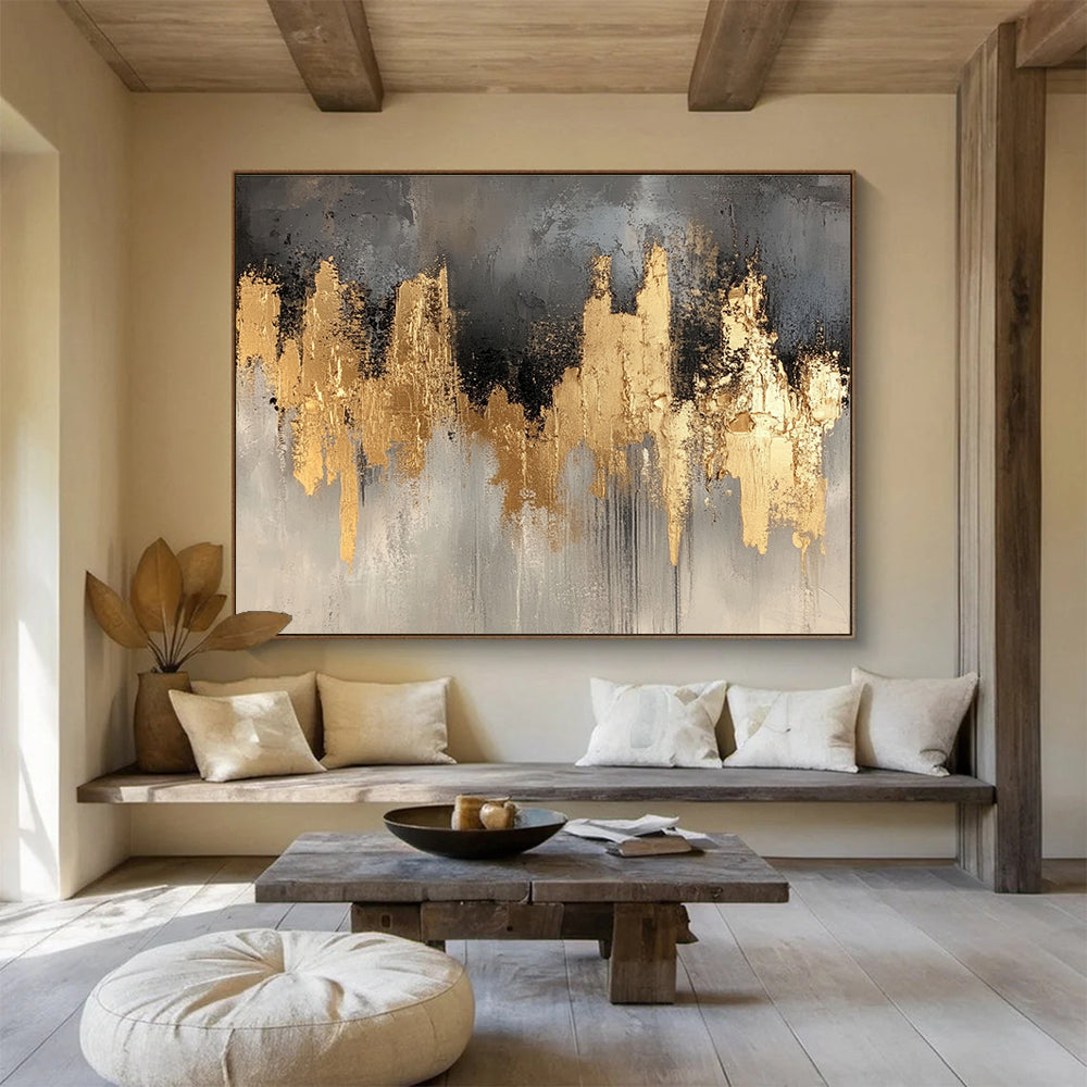 Large Contemporary Wall Art Gold, Gray & Black Textured Abstract Painting HPS296