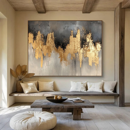 Large Contemporary Wall Art Gold, Gray & Black Textured Abstract Painting HPS296
