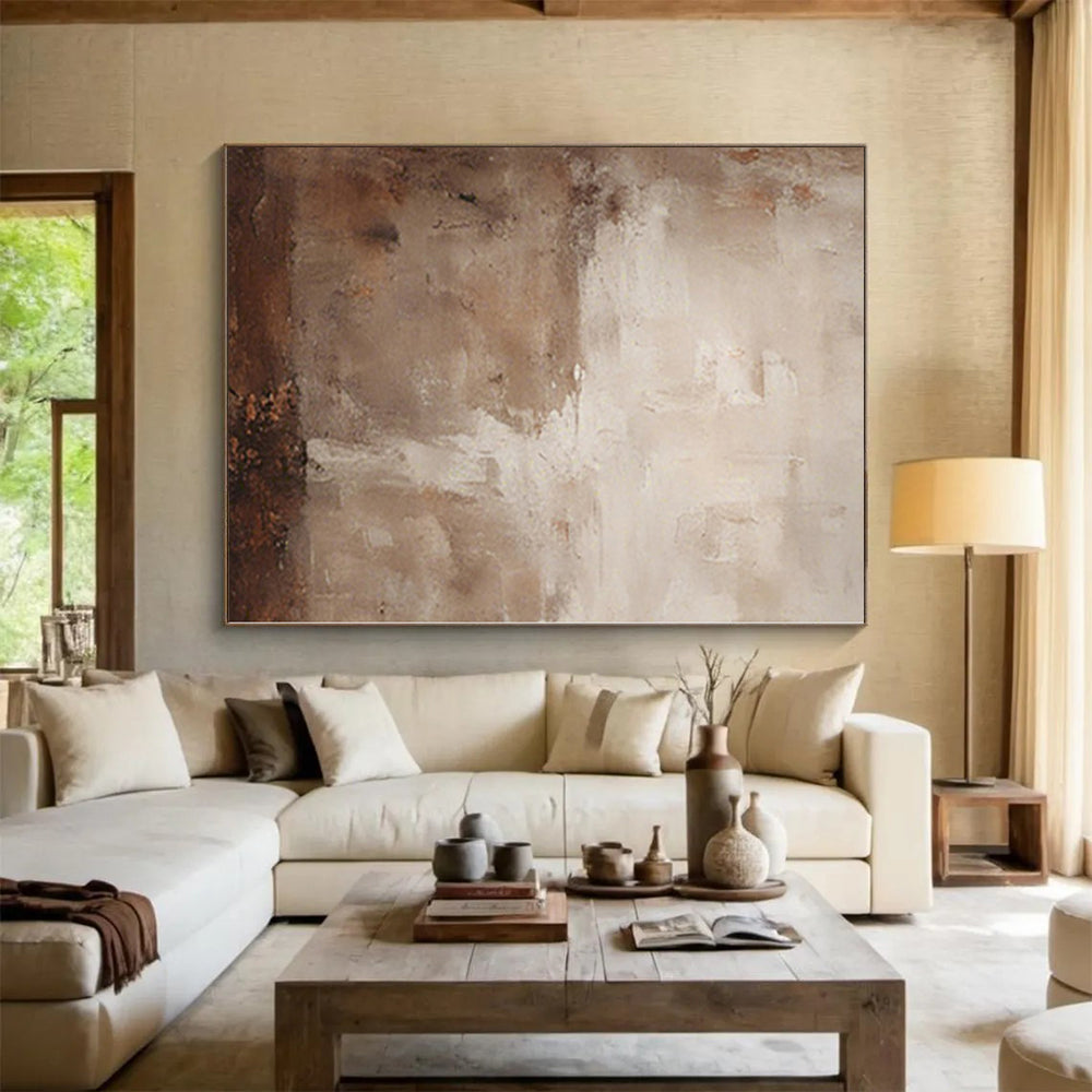 Large Painting In Living Room Beige & Brown Textured Abstract Painting On Canvas PT070