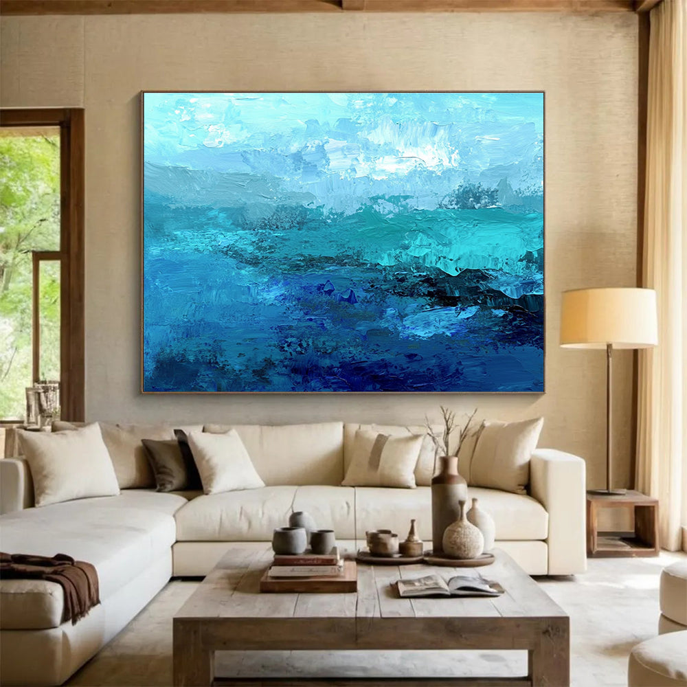 Cool Abstract Paintings Teal, Blue & White Textured Coastal Abstract Painting HPS287