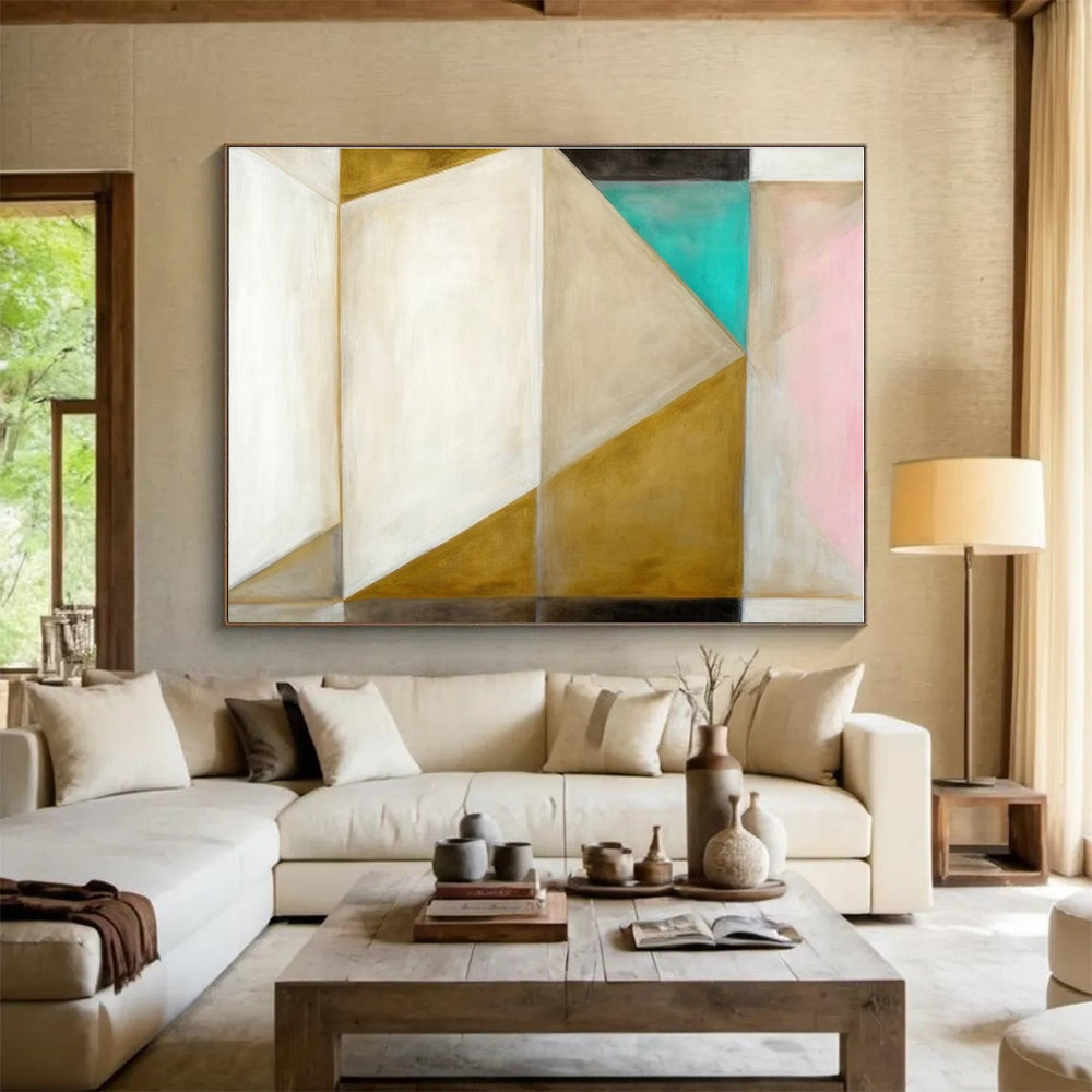 Unique Abstract Art Neutral Tones With Gold, Teal & Pink Geometric Abstract Painting On Canvas HPS072