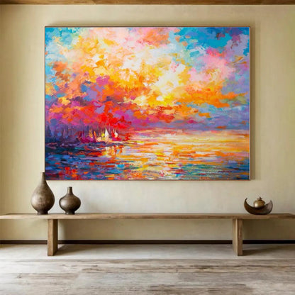 Hand-Painted Multicolor Sunset Landscape Abstract Painting On Canvas HPS100
