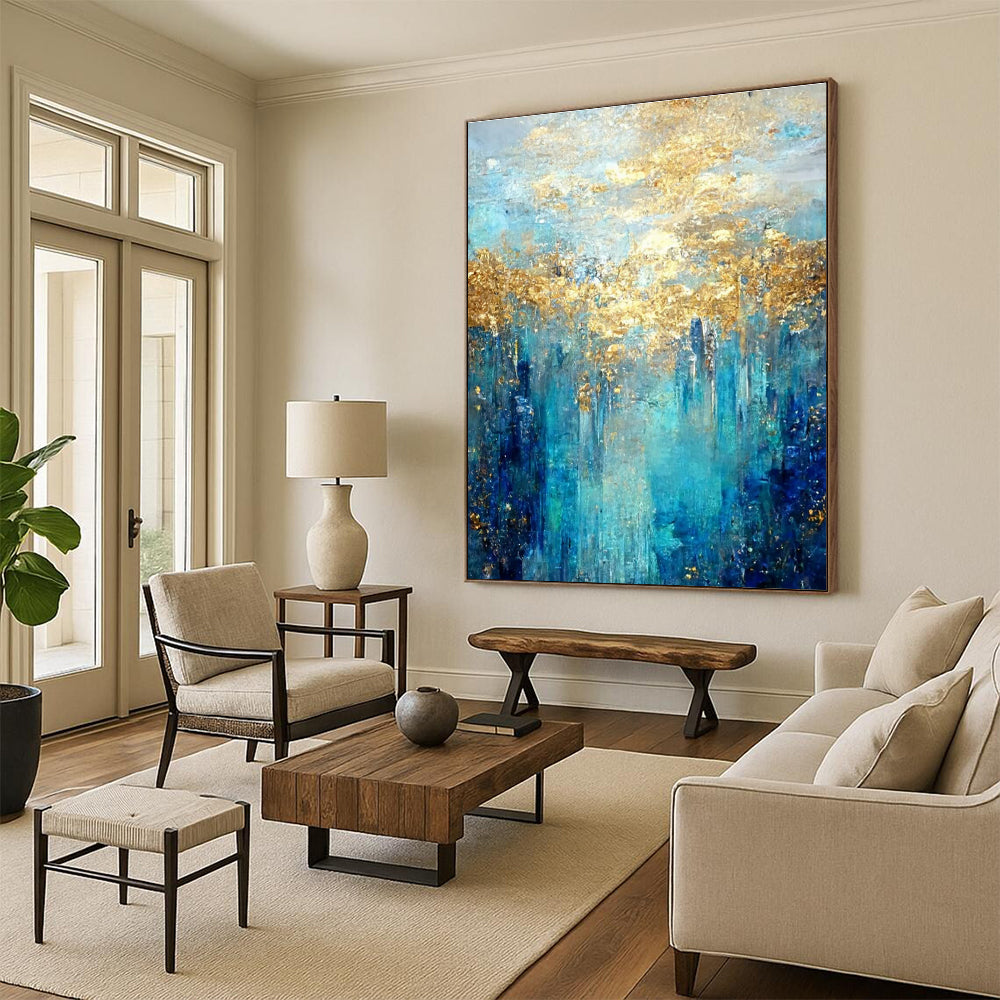 Oversized Abstract Wall Art Blue, Teal, and Gold Abstract Landscape Painting DPS444