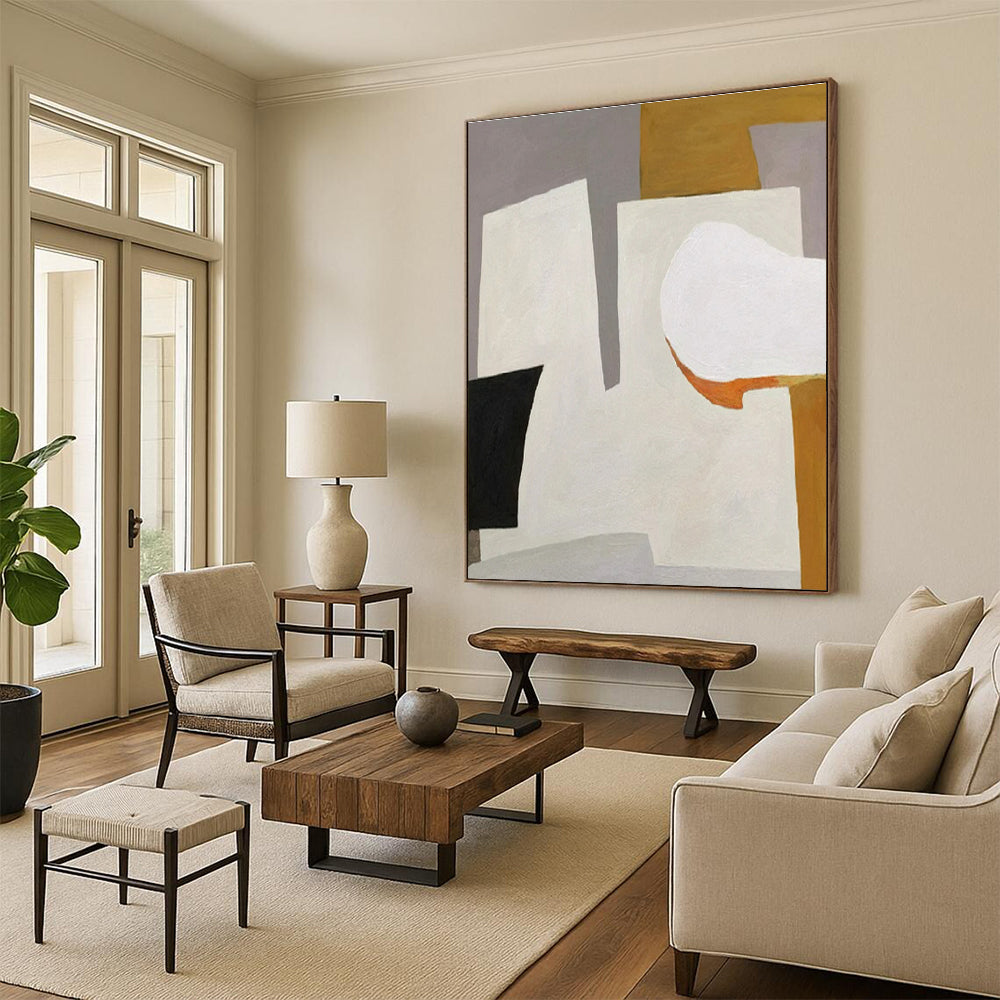 Cool Abstract Paintings Gray, White, Black and Orange Geometric Abstract, Large Painting In Living Room PT547
