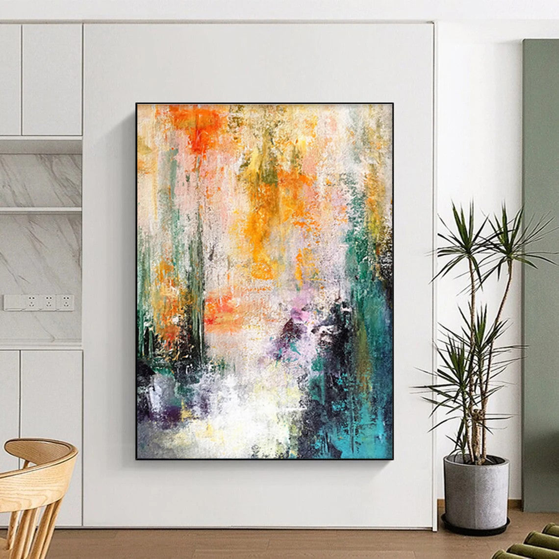 Large Size Multicolor (Orange, Yellow, Green, Purple, Teal) Abstract Energetic Brushstrokes Painting On Canvas PT276