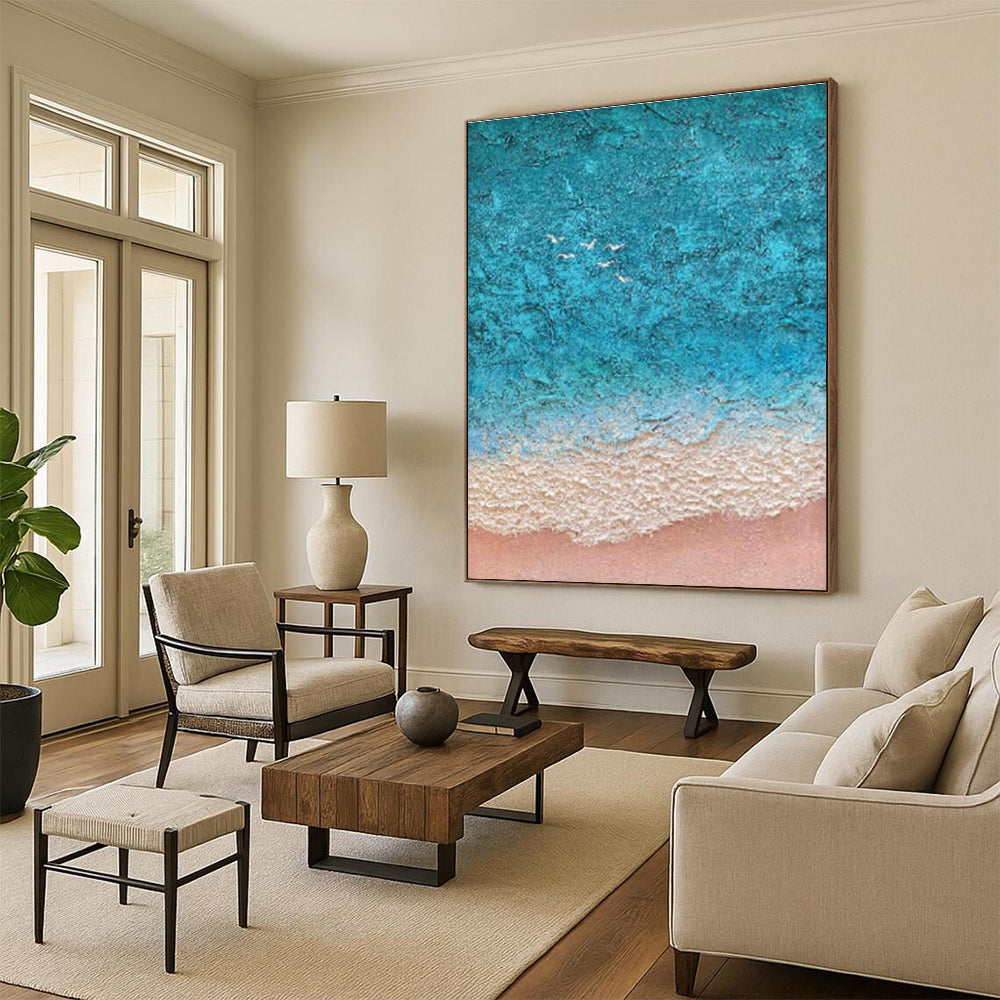 Oversized Abstract Wall Art Teal Beige Textured Coastal Abstract Art PT497