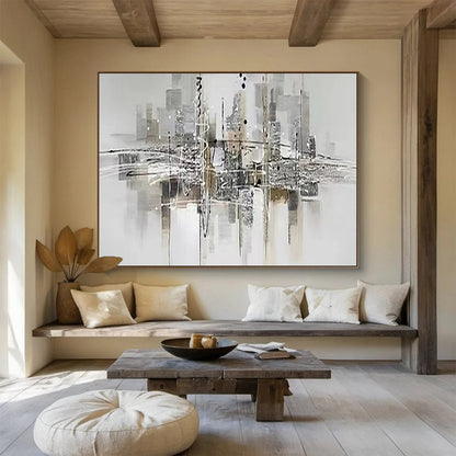 Hand-Painted Gray and Black Abstract City Reflection Art HPS351