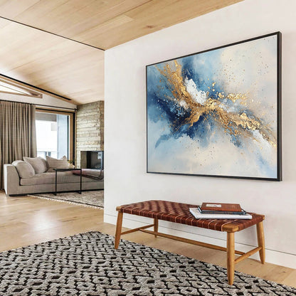 Hand Painted Art Blue, Gold & White Splatter Abstract Painting HPS264