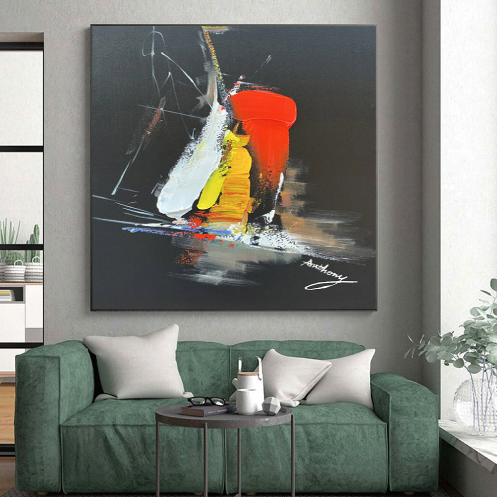 Large Contemporary Wall Art Red Yellow White Abstract Art on Black PT478