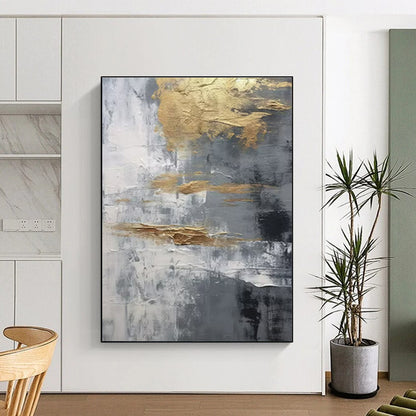 Hand-Painted Gold, Gray, and White Textured Abstract Art PT735