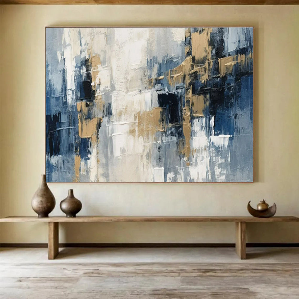 Large Painting In Living Room Blue, Gray, and Gold Textured Abstract Geometric Art HPS395