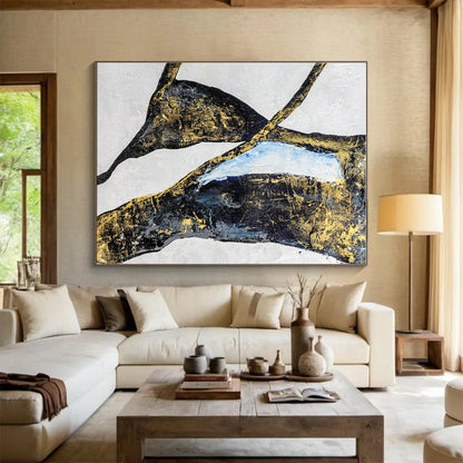 Hand Painted Art Black, Gold & Blue Abstract Shapes On Canvas HPS009