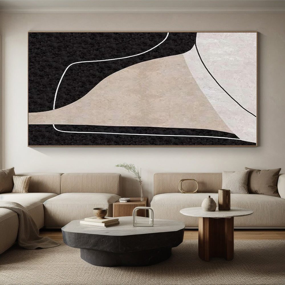 Minimalist Canvas Art Black, Beige, and White Organic Abstract Art PT712