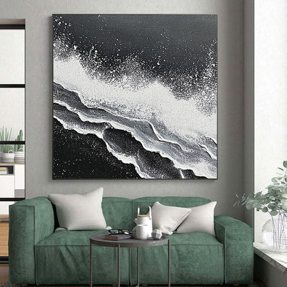 Wall Decor Abstract Paintings Large, Black White Abstract Textured Wave Art PT176