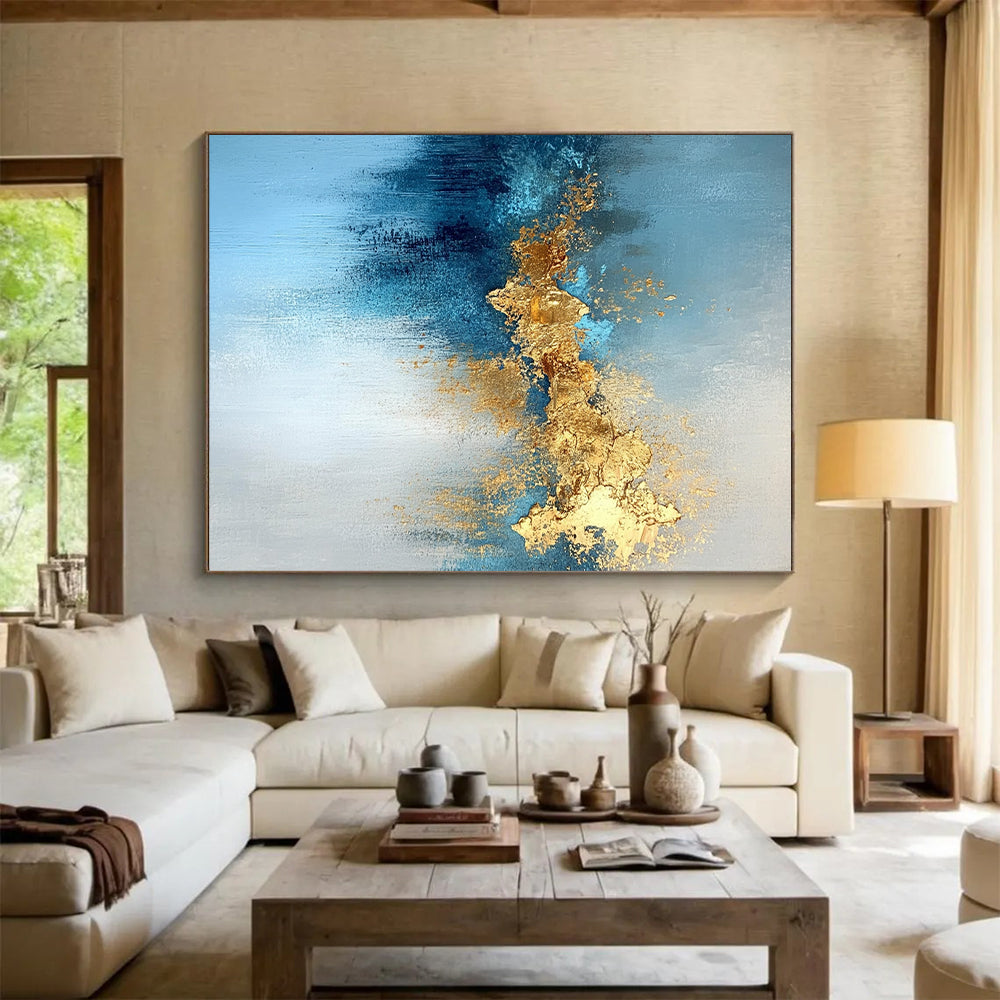 48x60 Blue, Gold & Gray Textured Abstract Painting On Canvas PT116