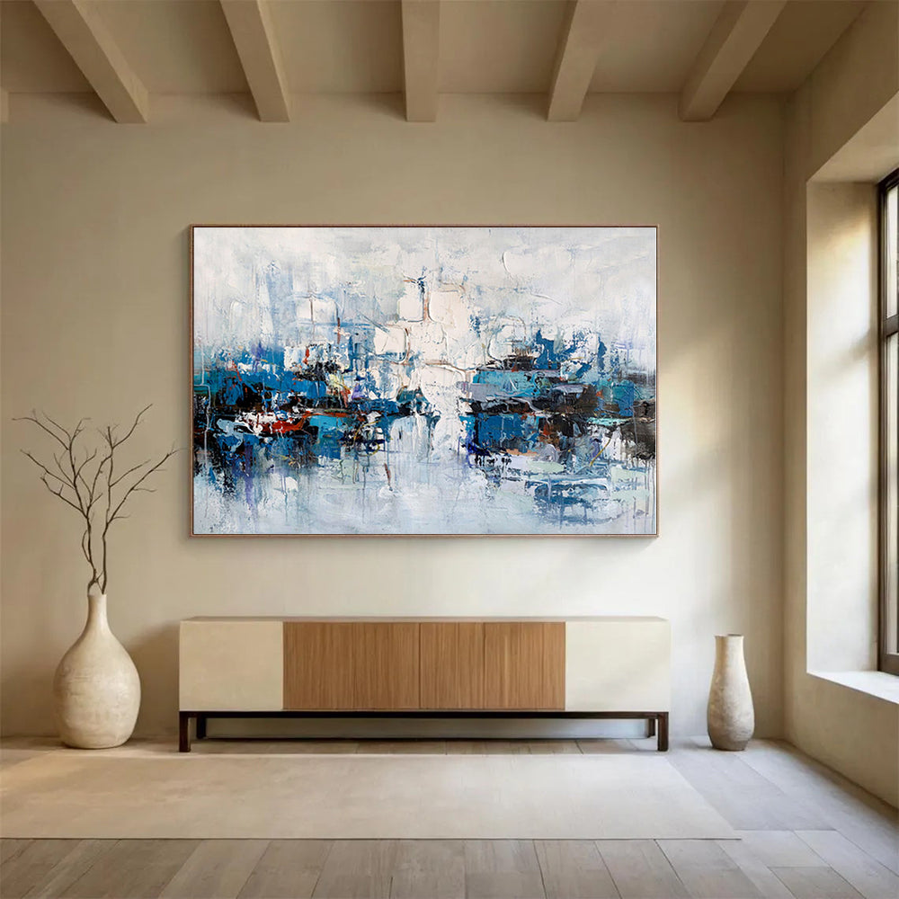 Large Contemporary Wall Art Blue & White Urban Abstract On Canvas HPS055