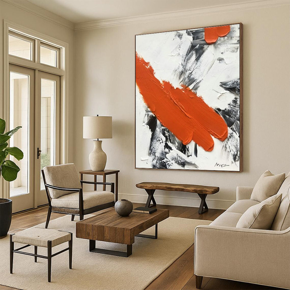 Cool Abstract Paintings Orange and Gray Textured Abstraction, Large Painting In Living Room PT525