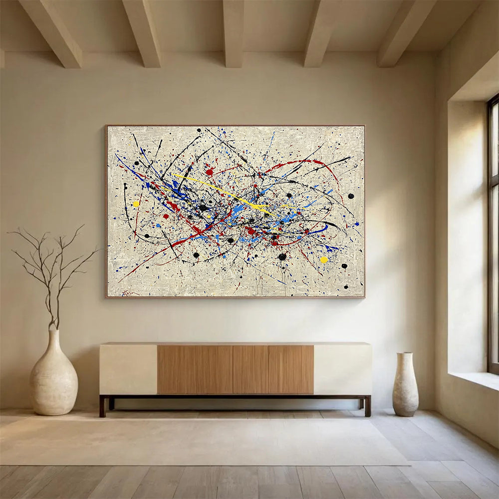 Hand-Painted Multicolor (Red, Blue, Yellow, Black) Splatter Abstract Acrylic Painting HPS251
