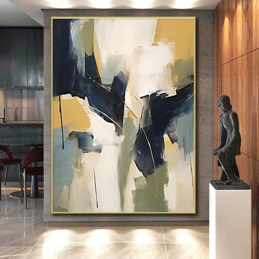 Big Painting in Navy, White, Yellow, and Grey Abstract Shapes PT230