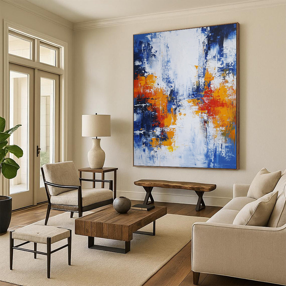 Original Large Abstract Paintings For Sale, Blue White Orange Red Abstract Expressionist Art PT132