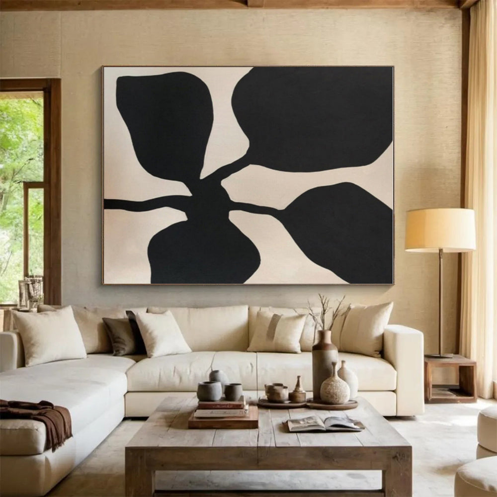 Hand Painting Black and Beige Floral-Shaped Abstract Art PT641