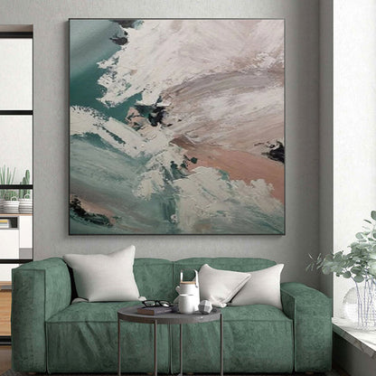 Hand-Painted Teal Beige Abstract Landscape Acrylic Art PT491