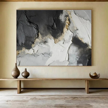 Hand-Painted Black, White, and Gold Textured Abstract Landscape Art HPS361