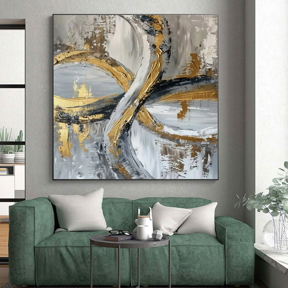 Unique Abstract Art Gold, Gray, and White Circular Abstract Art PT734