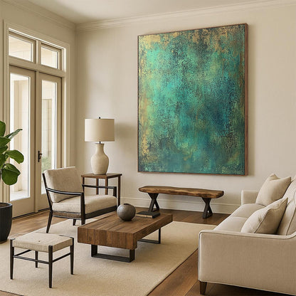 Modern Large Abstract Canvas Painting, Teal Gold Abstract Textured Art PT177