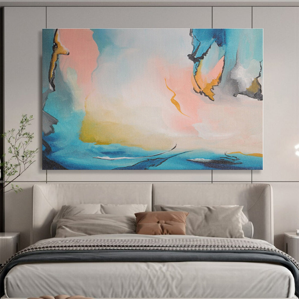 Modern Art Acrylic Soft Blue & Pink Abstract Figures On Canvas HPS018