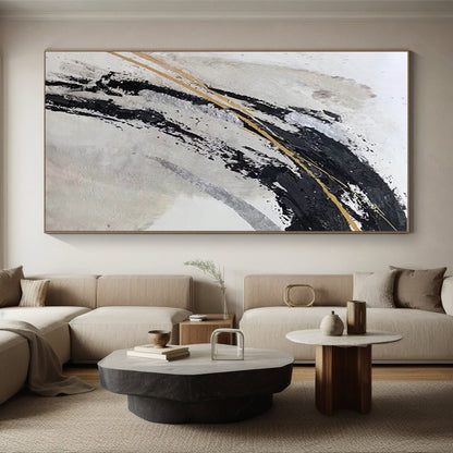 Unique Abstract Art in Black, White, Gold, and Silver Abstract Brushstrokes PT245