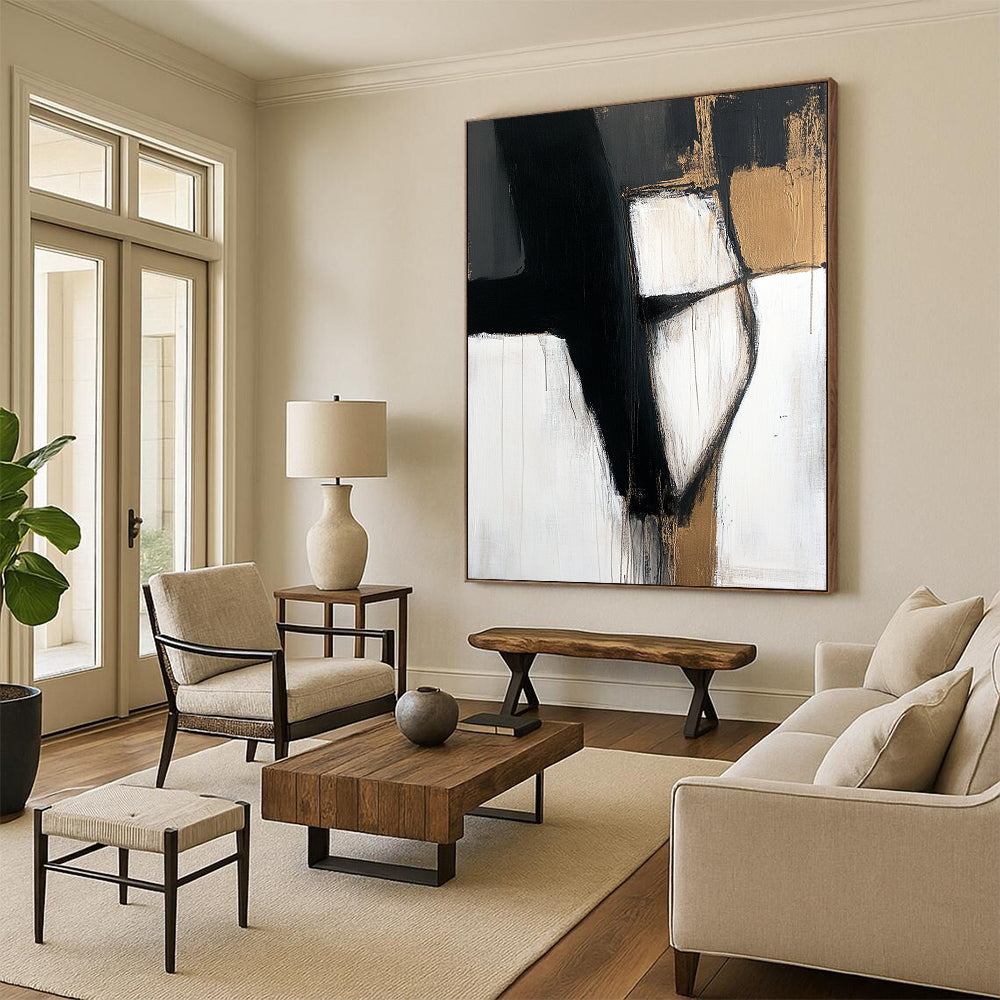 Large Abstract Art For Sale, Black White Gold Abstract Textured Art PT154