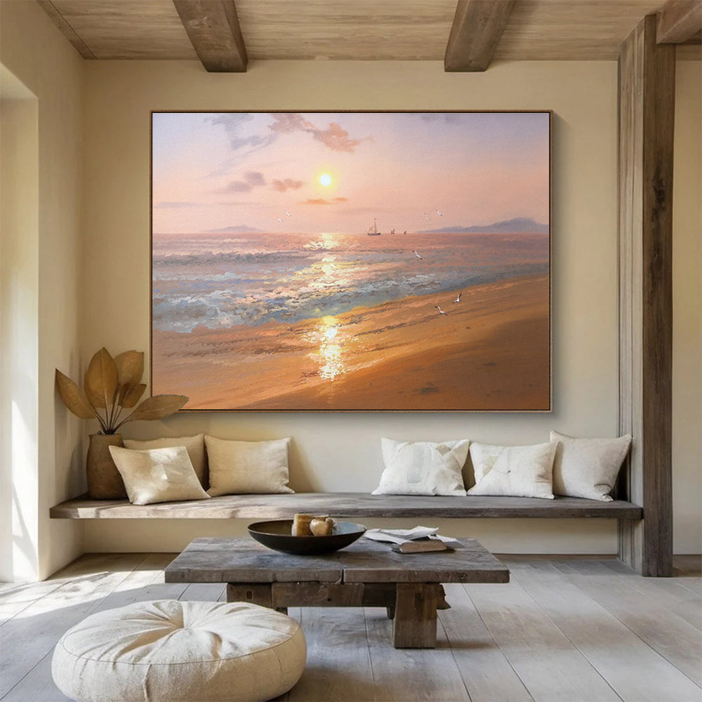 Hand-Painted Orange & Blue Coastal Sunset Realistic Acrylic Painting HPS235
