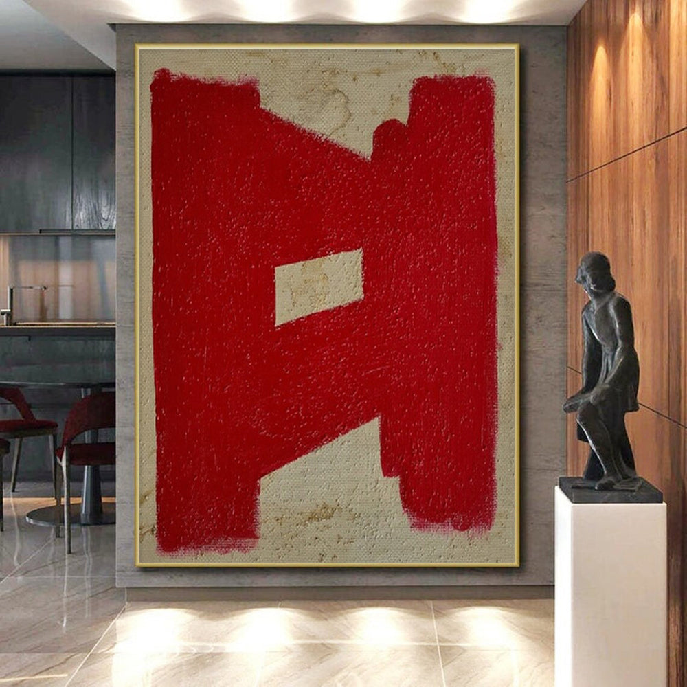 Handmade Art Red and Beige Geometric Abstract Art PT640