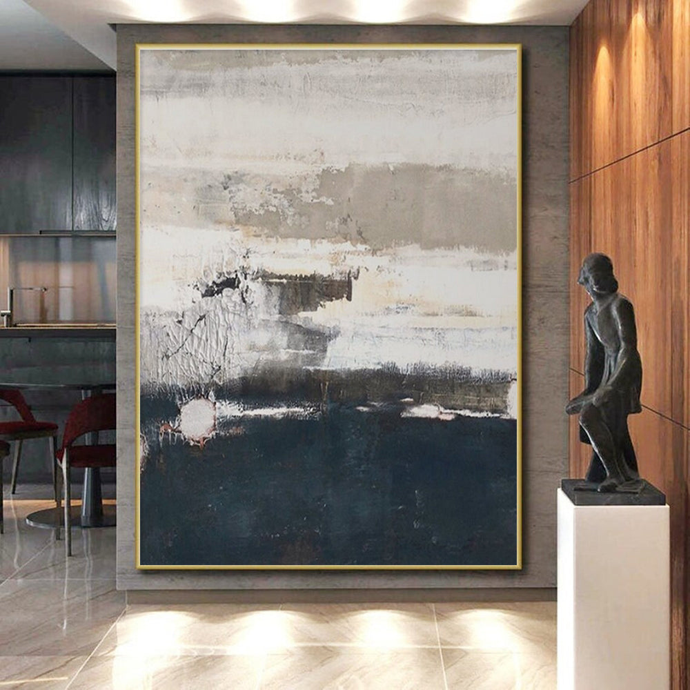 Large Size Gray and Navy Textured Abstract Acrylic Painting PT633