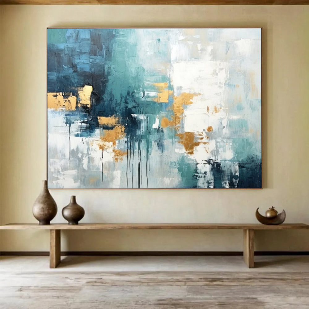 Acrylic Modern Art Paintings Teal, Gold & White Abstract Drip Art HPS204