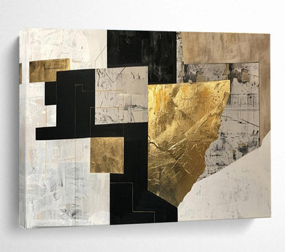 Large Contemporary Wall Art Black, White, and Gold Textured Abstract Geometric Art HPS396