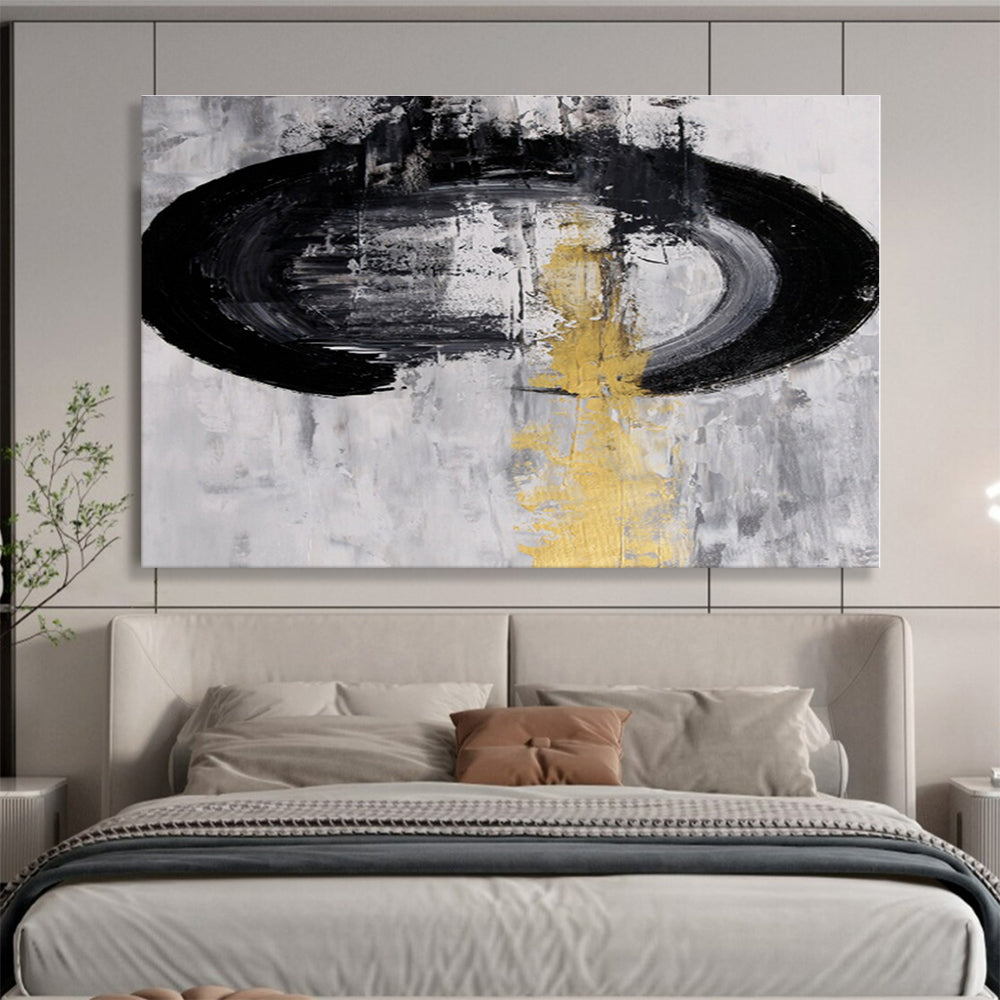 Unique Abstract Art Black, White & Gold Circular Abstract On Canvas HPS013