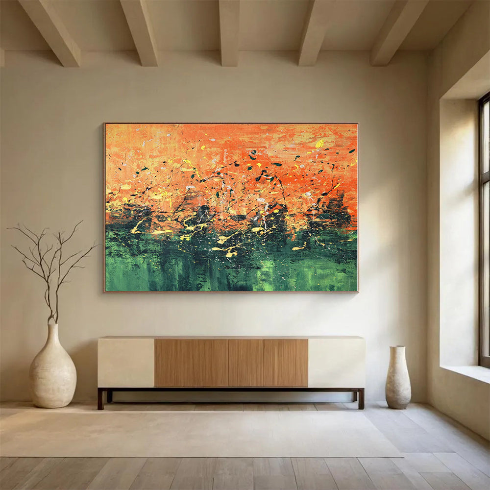 Unique Abstract Art Orange & Green Splatter Abstract On Canvas HPS053