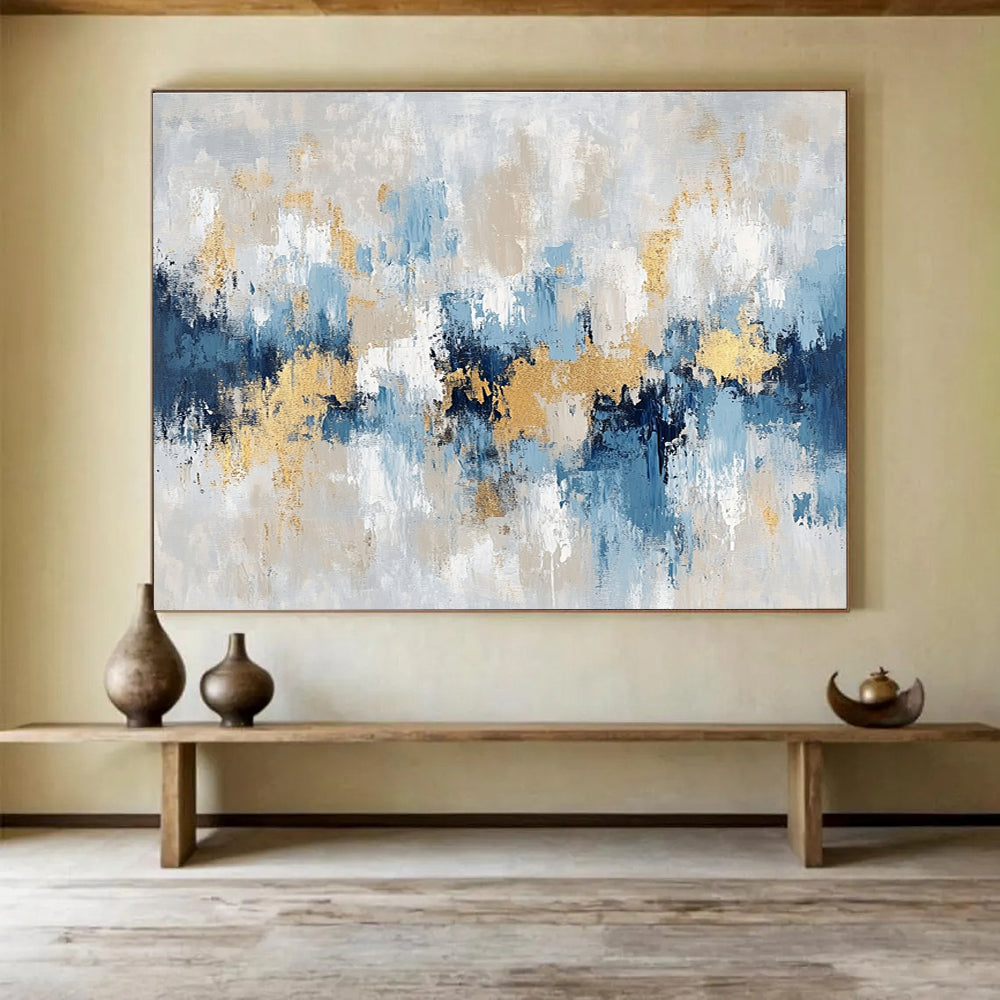 Oversized Abstract Wall Art Blue, Gray, Gold & White Textured Abstract Painting HPS263