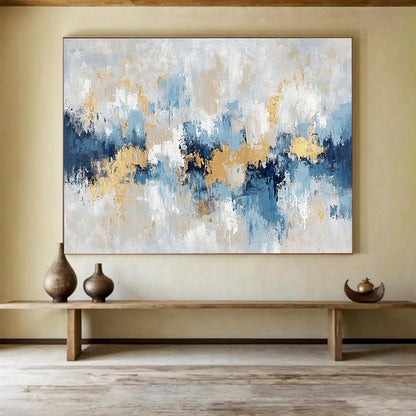 Oversized Abstract Wall Art Blue, Gray, Gold & White Textured Abstract Painting HPS263