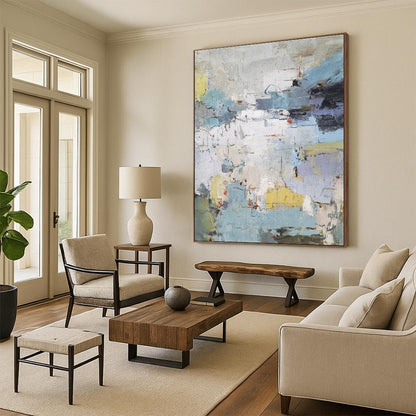 Modern Art Acrylic in Blue, Grey, Yellow, and White Abstract Textural Urban Shapes PT256