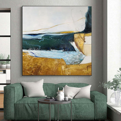 Hand Painting Blue, Green, and Gold Textured Landscape Abstract Art PT811