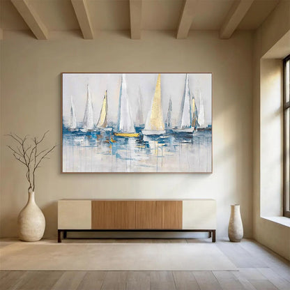 Modern Art Acrylic White & Gold Sailboat Abstract Painting HPS228