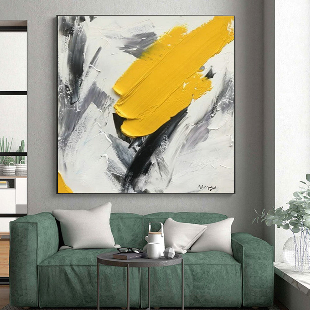Hand-Painted Yellow and Gray Abstract Energetic Scene, Modern Art Acrylic PT524