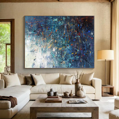 Acrylic Modern Art Paintings in Navy, Teal, Orange, Yellow, and Pink Abstract Splatters and Lines PT243