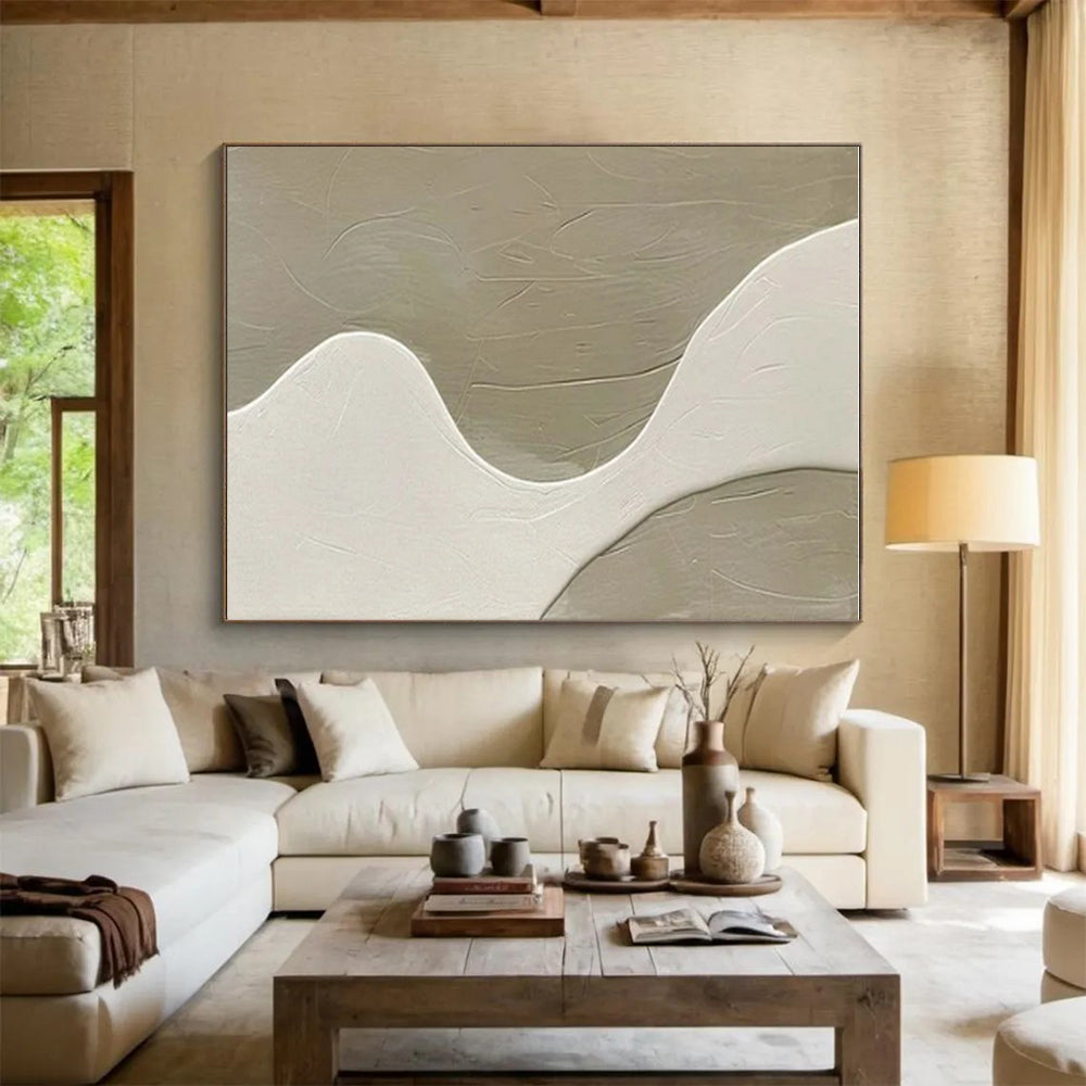 Minimalist Canvas Art Beige and White Curved Abstract Art PT812
