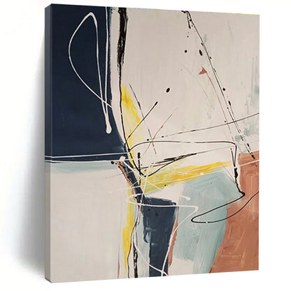 Hand-Painted Navy, Yellow, Beige, and Coral Abstract Painting with Dynamic Lines, Acrylic Modern Art PT211